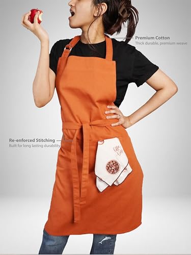 Image of Kitchen Apron - 100% Cotton, Adjustable Neck strap, Large Pocket - Unisex Apron for Men & Women - Cooking, Baking, BBQ, Gardening - Solid Colours, Striped and Checkered Patterns