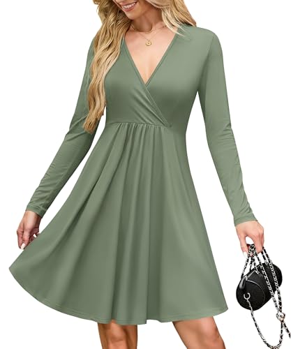 AUSELILY Wrap Dress for Women UK V Neck Flowy Long Sleeve Elegant Casual Dresses with Pockets Knee Length Olive Green L