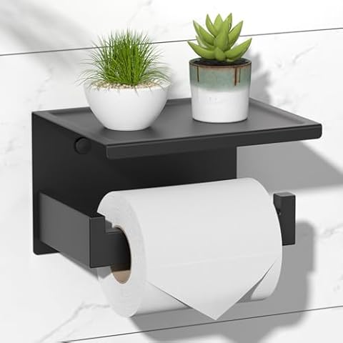 HITSLAM Matte Black Toilet Paper Holder with Shelf Cover