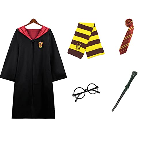WooCaw Cosplay 5-teiliges Set Umhang Zauberstab Krawatte Schal Brille Hermine Granger Kostüm Schwarze Robe Schuluniform Karnevalskostüm Halloween Festliches Kostüm,Rot,125 Cover