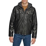 Laydown trucker with full sherpa lined body and attached sweat fleece hood for added warmth, adjustable cord locks on hood Two upper trucker pockets, one upper zipper pocket, two lower welt pockets, one interior welt pocket, adjustable snap cuffs and...