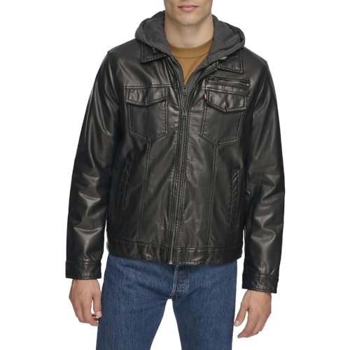 Levi's Mens Faux Leather Hooded Trucker Jacket with Sherpa Lining (Regular & Big & Tall Sizes)