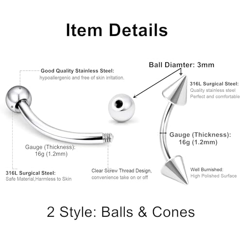 Heuvipens Bulk 20pc 16G Surgical Steel Curved Barbell 6mm-14mm Eyebrow Bar Ball Cone Ring Ear Piercing Jewelry Set by Heuvipens - Used condition - Image 4