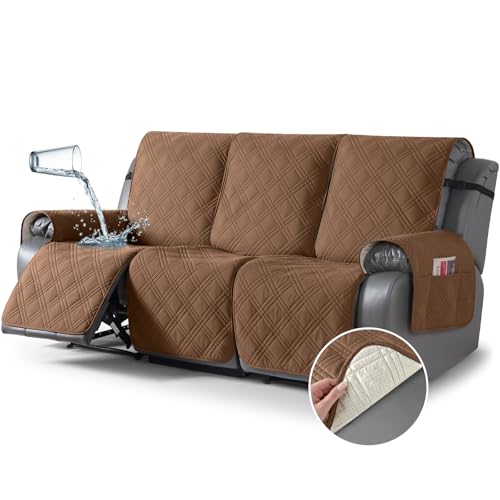 Image of TAOCOCO 100% Waterproof Recliner Sofa Covers 3 Seater Split Couch Covers for 3 Cushion Reclining Couch with Straps, Non Slip Reclining Sofa Covers Furniture Protector for Kids Pets(3 Seater, Brown)