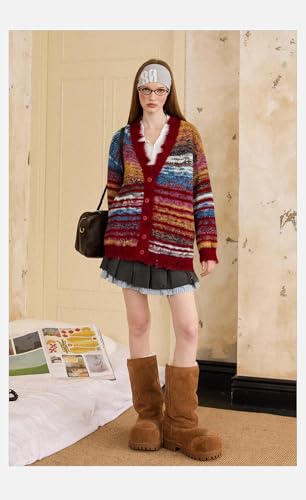 Y2K Colorblock Cardigan, Open Front V-Neck Oversized Sweater, Gradient Pinstripe - Colorful Knit Cardigans2