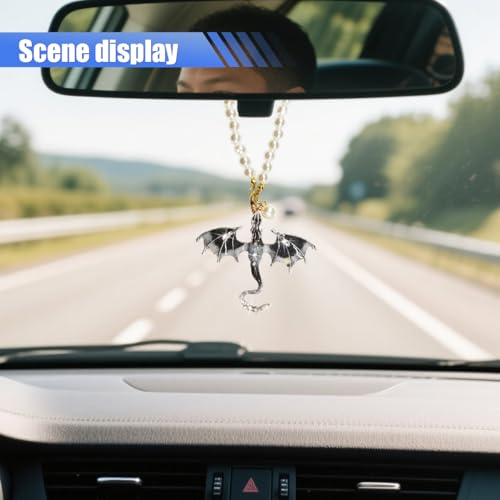 KPFILEH Bling Dragon Car Rear View Mirror Charm, Retro Dragons Automotive Hanging Pendant, Fantasy Rhinestone Pearls Vehicle Mirrors Ornament, Auto Interior Decoration Accessories (Blackwhite) - Thumbnail 5