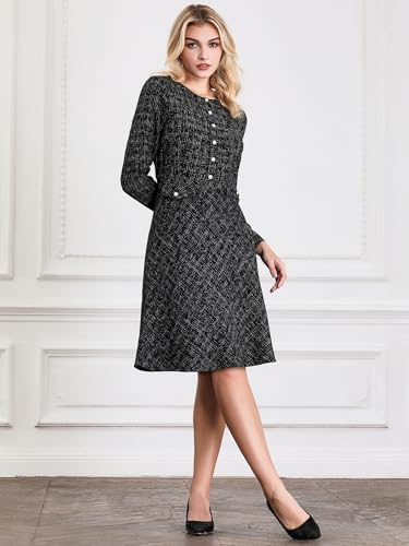 Women's Tweed Dress Long Sleeve Crew Neck Vintage Work Office Flare A-Line Dresses2