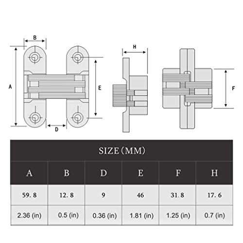Invisible Concealed Cross Hinges Wooden Doors,Zinc Alloy,2.36 in (59.8MM) Leaf Height, 0.5 in (12.8MM) Leaf Width, 0.7 in (17.6MM) Blade Thickness,Satin Nickel Finish (1 Pair)