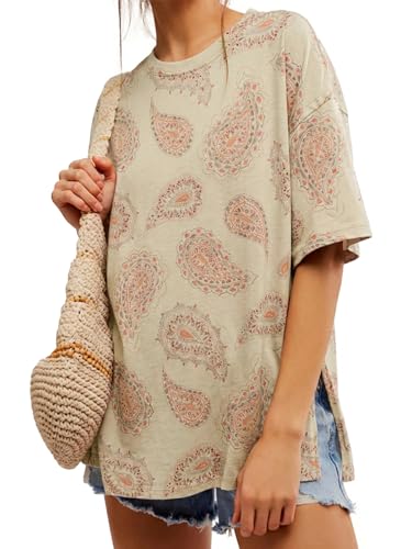 Image of Tankaneo Womens Oversized Tshirts Summer Casual Short Sleeve Crew Neck T Shirt Loose Fit Side Slit Tee Tops
