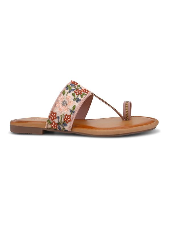 Image of XE Looks Women's Embroidered Toe-Ring Flats | Elegant Floral Strap Design with Cushioned Footbed | Stylish & Comfortable Ethnic Sandals for Girls & Women