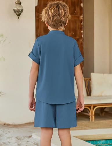 Image of Arshiner Boy's 2 Pieces Linen Sets Short Sleeve Henley Shirt and Shorts Summer Beach Matching Outfits 4-12 Years