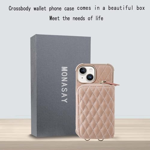 Image of MONASAY Zipper Wallet Case Compatible for iPhone 15 Plus /14 Plus,[Screen Protector][RFID Blocking] Flip Leather Handbag Phone Cover with Card Holder and Crossbody Lanyard Strap, Rosegold