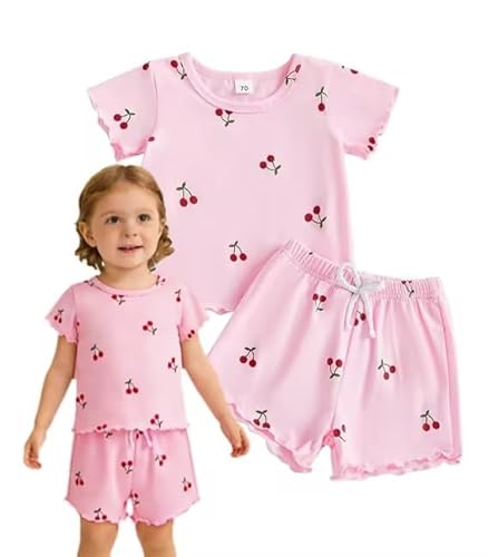 Baby Toddler Girl Summer Outfits Cherry Print Short Sleeve Tops And Shorts 2 Pcs Set Spring Clothes (Pink, 12-18 Months)
