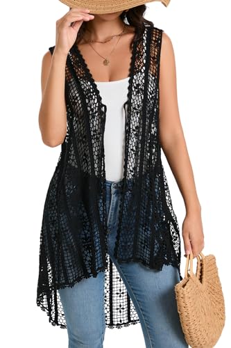 Women's Crochet Vest Lightweight Boho Hollow Lace Cover up Floral Sleeveless Cardigan