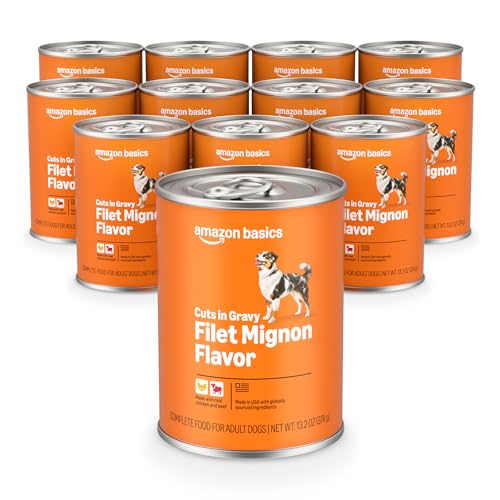 Image of Amazon Basics Wet Dog Food, Cuts in Gravy Filet Mignon Flavor, Made with Real Chicken and Beef, 13.2 oz can (Pack of 12)