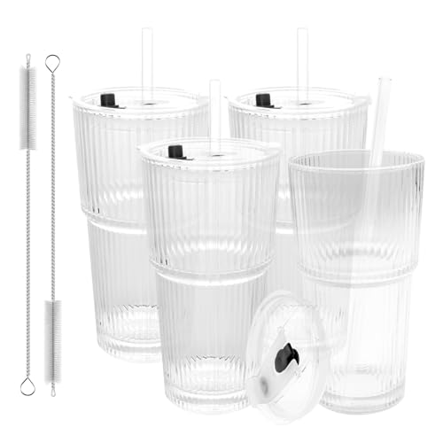 Set 4 vasos de vidrio con tapa y popote 20 oz