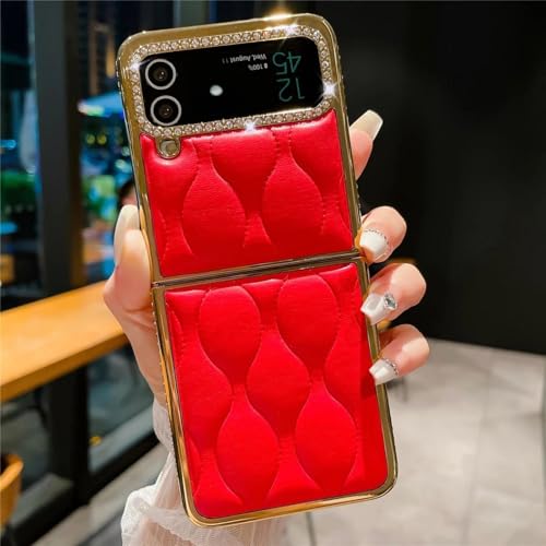 Coque Luxe Galaxy Z Flip 5 en cuir souple rouge plaqué or
