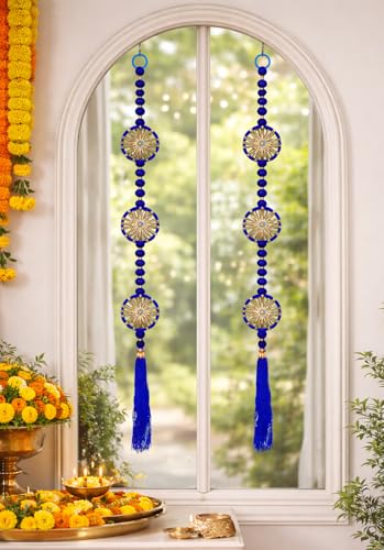 Image of Rajasthan Kraft Handmade Pom Pom Beads with Gotta Patti Ring Tassels Used for Wall Decor and Door Hanging|Home Office Diwali Decoration, Length 55 Inch, Pack of 2, Colour Blue (RK-34802-2)