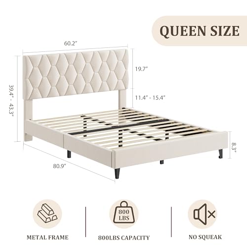 GAOMON Beige Queen Bed Frame with Upholstered Headboard, Heavy-Duty Platform Bed Frame with Strong Wood Slats, No Box Spring Needed/Noise Free/Easy Assembly