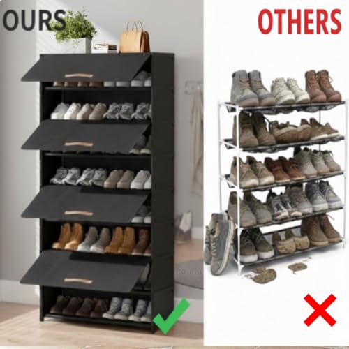 Image of Shoe Storage Organizer Stackable Shoe Box with Door Universal Size Shoe Organizer Multi Purpose Space-Saving Shoe Box for Men and Women (4 Rack) (Black, 8 Layer)