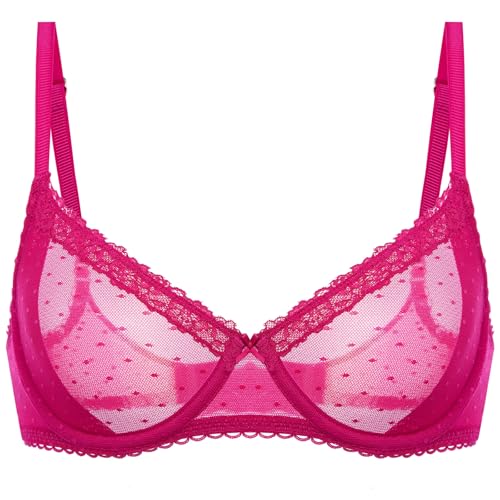Image of DOBREVA Women's Sheer Mesh Demi Bra Underwire Balconette | Dotted Mesh, Lace Trim, See Through, Plus Size, Smooth, Soft