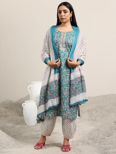 Image of Libas Printed Cotton Straight Kurta With Salwar and Dupatta | daily wear suit