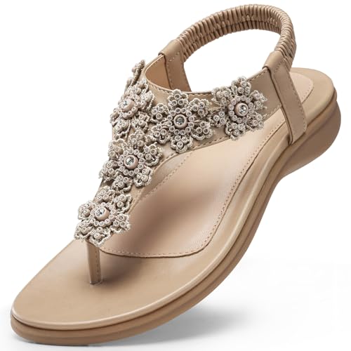 Image of TEMOFON Sandals for Women Flat Dressy Summer Flower Sandals with Ankle Strap Comfortable Casual Walking Flat Sandals Size 5-11