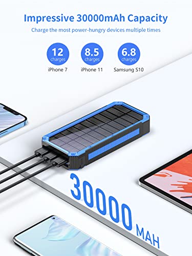 Power-Bank-Solar-Charger - 30000mAh Solar Power Bank, PD 20W Quick Charge,Drop-Proof Waterproof Dustproof Built-in LED Flashlight for iPhone, Tablet, Samsung and More USB Device(Blue)