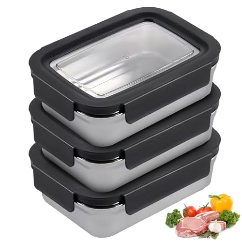 VEGOATY Fiambreras de acero inoxidable con tapa, 3 unidades, 650 ml, reutilizables y apilables, herméticas, fiambreras de metal para cocina y despensa