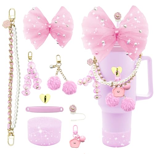 Pearl Stanley Cup Accessories Set for 40/30 oz Tumblers - Mesh Bow Straw Topper, Water Bottle Handle Strap, Flower Straw Cover, Glitter Boot & Cute Charms - Bling Stanley Accessories for Women