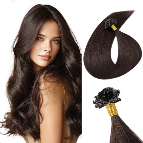 TESS Extension Cheveux Naturel Keratine 25 Mèche, 20g Extension Kératine a Chaud Cheveux Naturels Humains Invisible Remy Extensions Brun Foncé35cm