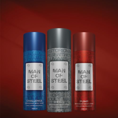 Image of Denver MAN OF STEEL Drill, Challenge & Pump Deodorant Body Spray - 200ML Each, Pack of 3 | Deodorant For Men