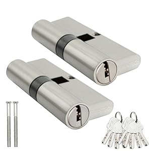Bwintech Pack of 2 40/40 mm Euro Brass Cylinder, 80 mm Key/Key Cylinder Lock with 5 Horizontal Brass Keys, Anti Picking, Anti Drill, Anti Snap, Anti Bumping, Satin Nickel Finish
