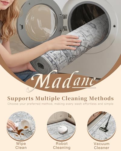 Madane Runner Rugs for Hallway 2x10 Long Washable Non-Slip Hallway Runner Rug Low-Pile Stair Kitchen Runner Soft Throw Carpet for Entrance Living Dining Laundry Room (Grey, 2 x 10)