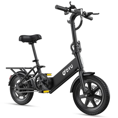 DYU Electric Bike for Adult 500W Motor 36V 7.8Ah Battery, 20 Mph Folding Electric Bicycles, Dual Disc Brakes 14' Commuter City Mini Ebikes with Pedals for Adults and Teens