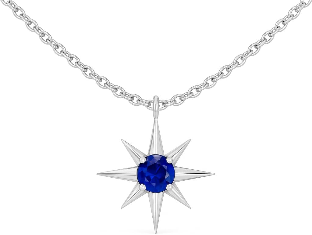Sterling Silver North Star Pendant with a Birthstone, Birthstone Gift For Her, Silver Jewelry with 18 Inch Chain