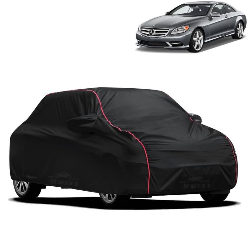 Image of Waterproof Car Cover for Mercedes Benz CL Class | All-Weather Protection, Dustproof & UV Resistant | Triple Stitched Mirror Pockets, Windproof Buckle Strap with Elastic Hem, Black-Red Piping