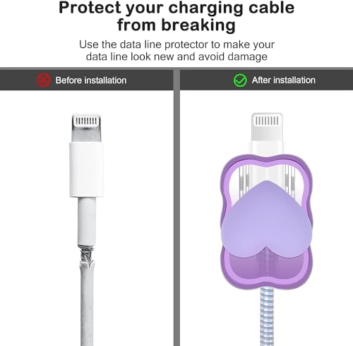 Image of Cartoon 3D Design Protective Case for 18W 20W iPhone 14 13 12 11 Pro Max Fast Charging Cable Adapter Charger, Cute Cartoon Lightning Data Cable Case for iPhone Charger-(Purple Heart)