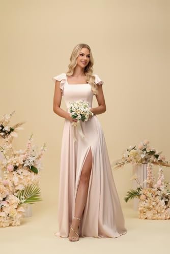 LORIE Satin Bridesmaid Dresses for Women 2025 Short Ruffle Sleeves Long Wedding Guest Dress with Slit3