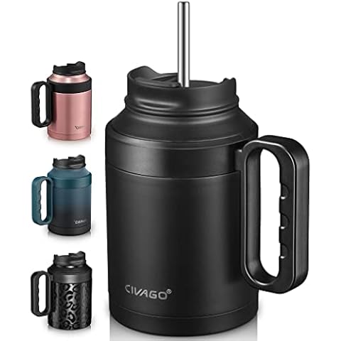 CIVAGO 50 oz Insulated Tumbler Mug with Lid and Straw, Vacuum Travel Coffee Mug with Handle, Double Wall Stainless Steel Water Cup Bottle, Black Cover