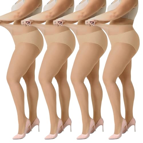 Yilanmy Women's Plus Size Tights 4 Pairs 20 Denier Control Top Sheer Soft Pantyhose (Natural-XXXL)