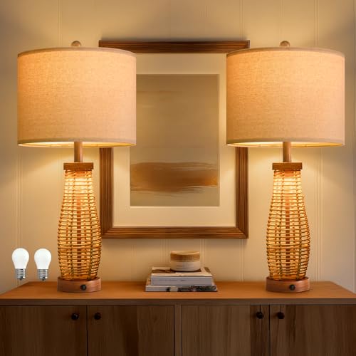 Image of OYEARS 28 inch Table Lamps Set of 2 with Dual Night Lights, Bedside Lamps for Bedroom, Boho Lamp for Living Room, Rattan Table Lamp with Linen Shade, Farmhouse Lamp with Wood Grain Finish (Bulb Included)