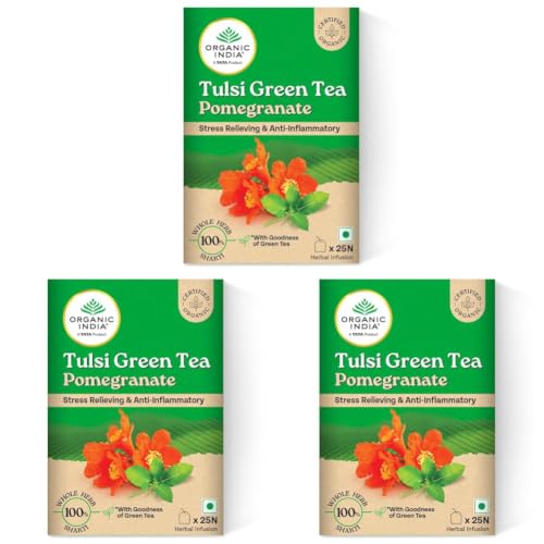 Image of A TATA Product - Organic India Tulsi Green Tea Pomegranate - 25 Tea Bags, Certified Organic, Stress Relief, Rich in Antioxidant, Tulsi & Pomegranate Infusion (Pack of 3)