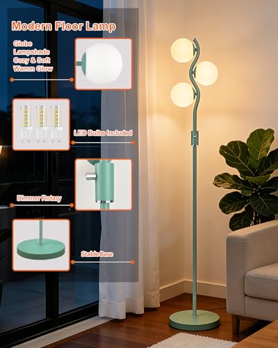 Image of Lightdot 60IN Green Floor Lamp Stepless Dimmable Globe Floor Lamps with 3Pcs 3000K Bulbs Eye-Friendly Mid Century Standing Lamps with 5Lbs Heavy Base for Living Room /Bedroom /Corner