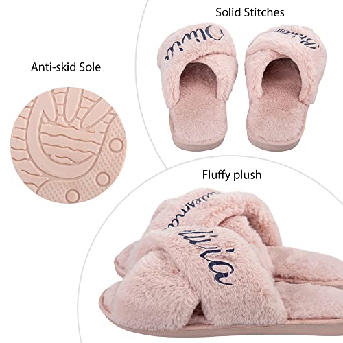 Personalized Bridal Slippers, Fuzzy Cross Band Slippers for Women, Plush Fleece House Slide Shoes, Custom Gifts for Wedding, Bridesmaid, Birthday, Mom4