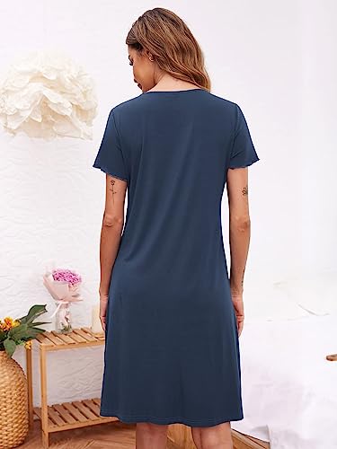 Ekouaer Nachthemden für Damen Sommer Schlafshirt Kurzarm Sleepshirt Nachtwäsche Knopfleiste Navyblau S 5