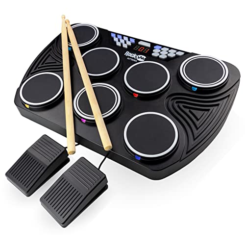 RockJam Kit de batería digital de mesa recargable con Bluetooth Midi de 7 almohadillas con 2 pedales de batería, baquetas