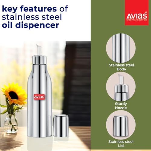 Image of AVIAS Ezee Stainless Steel 1 Litres Easy Flow Stainless Steel Oil Dispenser Bottle with Cap | Air-Tight Spill-Proof | Food Grade Pourer Drizzler 1000ml Oil Can Container1000ml
