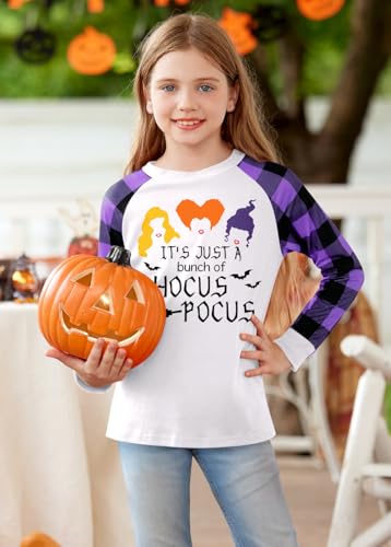 Image of BesserBay Girls Halloween Funny Plaid Graphic Shirt Long Sleeve Spooky Patchwork Raglan Top 5-14 Years
