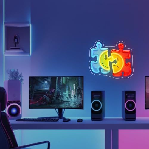 Image of Puzzle LED Neon Sign USB Powered for Wall Decor, Puzzle Neon Night Light Sign Dimmable for Room Party Decor Birthday Gifts
